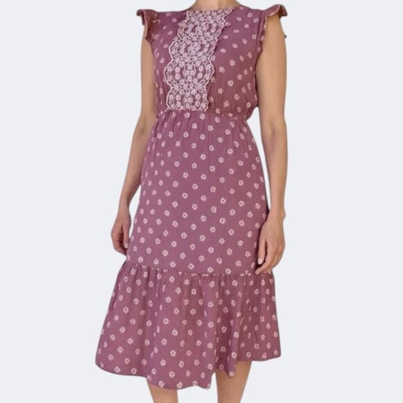 bohme Dresses & Skirts - Bohme Embroidered Pink Cotton Midi Dress with Flutter Sleeves Size Medium